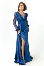 Women'S V -Neck Arms Long Evening Dress With Stone Slit