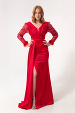 Women'S V -Neck Arms Long Evening Dress With Stone Slit