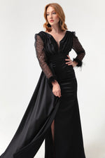 Women'S V -Neck Arms Long Evening Dress With Stone Slit