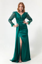 Women'S V -Neck Arms Long Evening Dress With Stone Slit