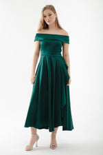 Female Kayık Yaka Midi Satin Evening Dress