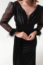 Women'S V -Neck Arms Long Evening Dress With Stone Slit