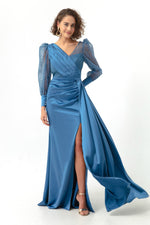 Woman Cruve Collar Silvery Long Satin Evening Dresses