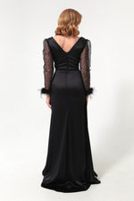 Women'S V -Neck Arms Long Evening Dress With Stone Slit