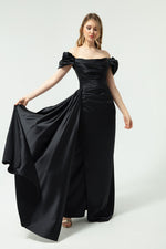 Women'S Kayık Collar Tail Long Satin Evening Dresses & Graduation Dress