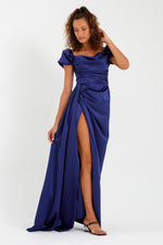 Women'S Kayık Collar Tail Long Satin Evening Dresses & Graduation Dress