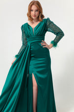 Women'S V -Neck Arms Long Evening Dress With Stone Slit