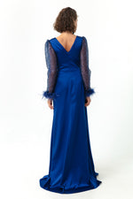 Women'S V -Neck Arms Long Evening Dress With Stone Slit