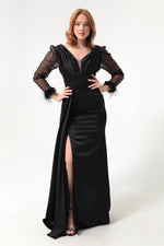 Women'S V -Neck Arms Long Evening Dress With Stone Slit