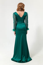 Women'S V -Neck Arms Long Evening Dress With Stone Slit