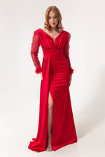 Women'S V -Neck Arms Long Evening Dress With Stone Slit