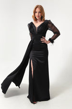 Women'S V -Neck Arms Long Evening Dress With Stone Slit