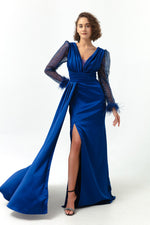 Women'S V -Neck Arms Long Evening Dress With Stone Slit