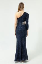 Women'S One Arm Sequined And Stone Long Evening Dress Dress