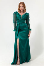 Women'S V -Neck Arms Long Evening Dress With Stone Slit