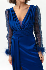 Women'S V -Neck Arms Long Evening Dress With Stone Slit