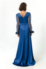 Women'S V -Neck Arms Long Evening Dress With Stone Slit