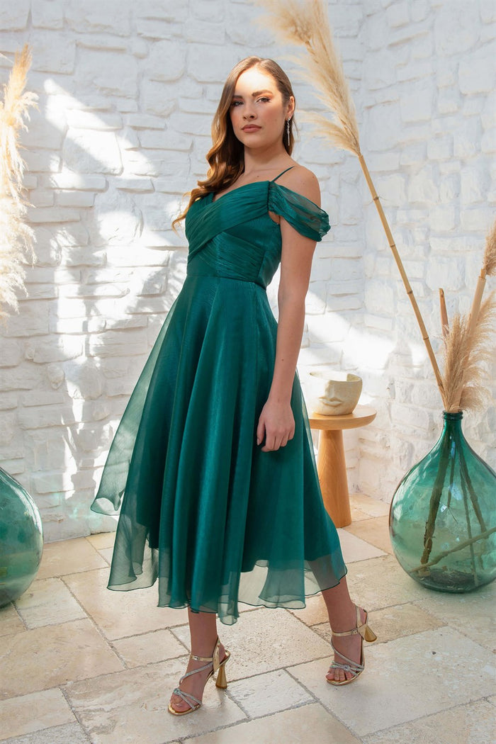 Angelino Emerald Organze Low Arm Short Evening Dress