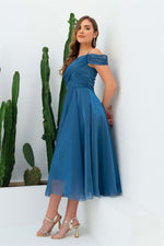 Angelino Indigo Organze Low Sleeve Short Evening Dress