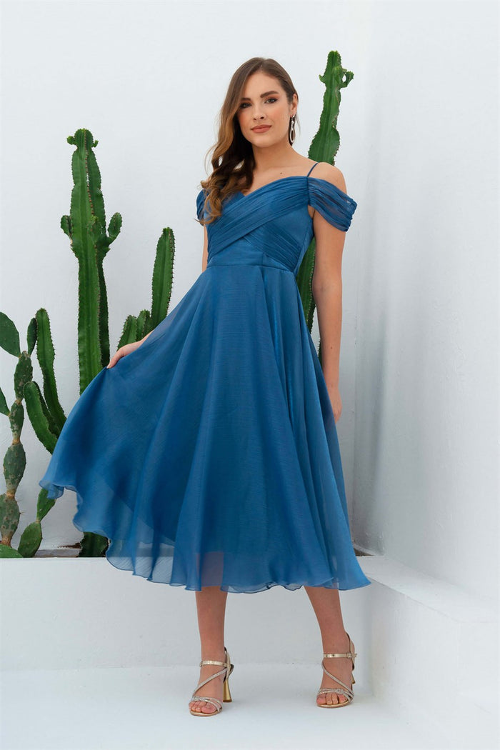 Angelino Indigo Organze Low Sleeve Short Evening Dress