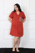 Large Size Combed Buttoned Claret Red Tunic Nightgown 1025