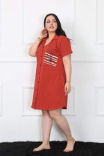 Large Size Combed Buttoned Claret Red Tunic Nightgown 1025