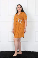 Plus Size Combed Buttoned Mustard Tunic Nightgown 1025
