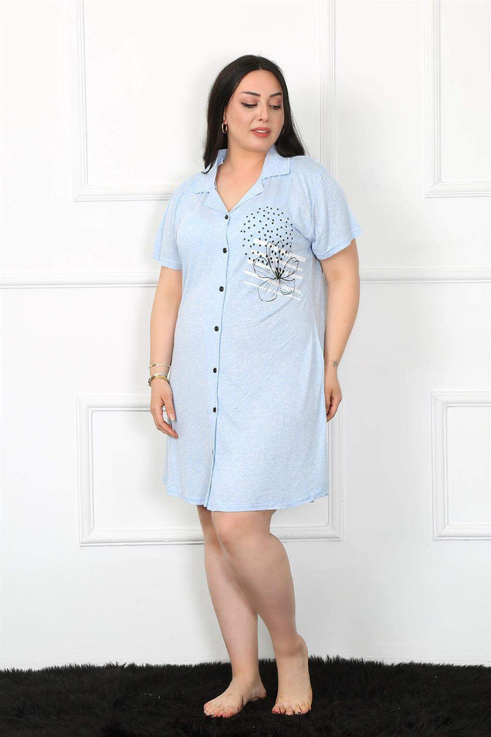 Large Size Combed Cotton Buttoned Blue Tunic Nightgown 1025