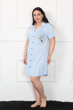 Large Size Combed Cotton Buttoned Blue Tunic Nightgown 1025