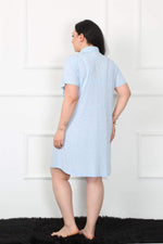 Large Size Combed Cotton Buttoned Blue Tunic Nightgown 1025