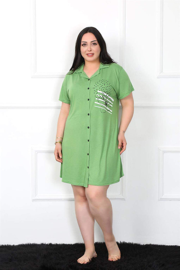 Large Size Combed Cotton Buttoned Green Tunic Nightgown 1025