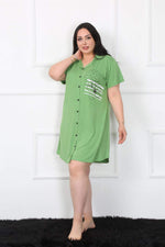 Large Size Combed Cotton Buttoned Green Tunic Nightgown 1025