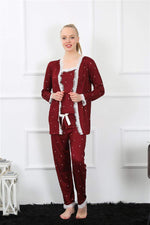 Women's 3-Piece Claret Red Dressing Gown Pajamas Set 16103