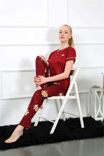 Women's Claret Red Short Sleeve Pajamas Suit 20388