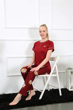 Women's Claret Red Short Sleeve Pajamas Suit 20388