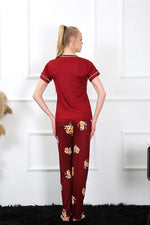 Women's Claret Red Short Sleeve Pajamas Suit 20388