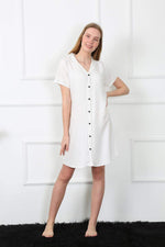 Women's Woven Fabric Buttoned White Tunic Nightgown 1031