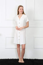 Women's Woven Fabric Buttoned White Tunic Nightgown 1031