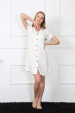 Women's Woven Fabric Buttoned White Tunic Nightgown 1031