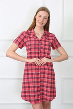 Women's Woven Fabric Front Buttoned Red Tunic Nightgown 1030