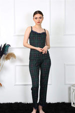 Women's Rope Strap Green Plaid Pajamas Set 4135