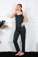 Women's Rope Strap Green Plaid Pajamas Set 4135