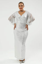 Angelino Plus Size Sleeves Fringed Long Sequined Sequin Evening Dress Silver 8035