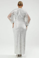 Angelino Plus Size Sleeves Fringed Long Sequined Sequin Evening Dress Silver 8035