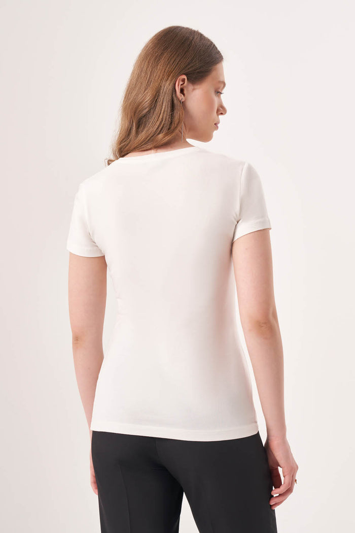 Basic V-Neck Short Sleeve Ecru T-Shirt