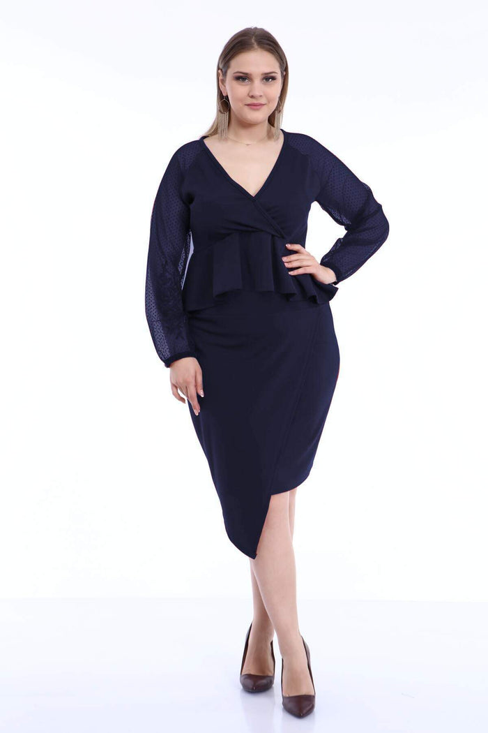 Plus Size Sideways Skirt Double Breasted Blouse Scuba Suit Navy Blue 8017