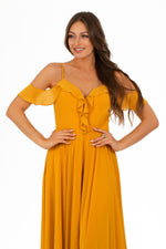 Angelino saffron chiffon chest flywheel long evening dress dress