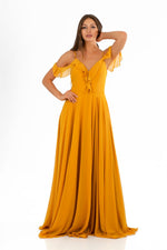 Angelino saffron chiffon chest flywheel long evening dress dress