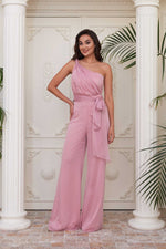 Angelino powder chiffon one shoulder braided jumpsuit