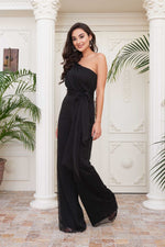 Angelino black chiffon one shoulder braided jumpsuit